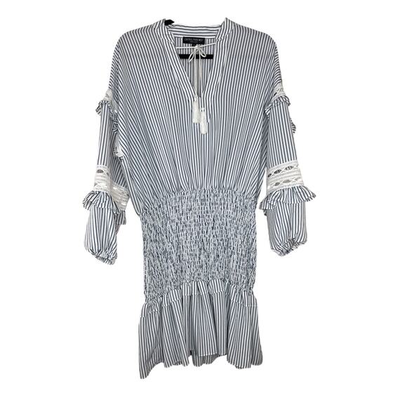 Central Park West Claudia Smocked Waist Boho Chic Blue White Stripe Dress Small - Picture 2 of 10